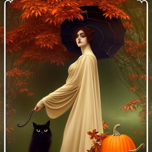 Halloween Queen with Black Cat in Graveyard