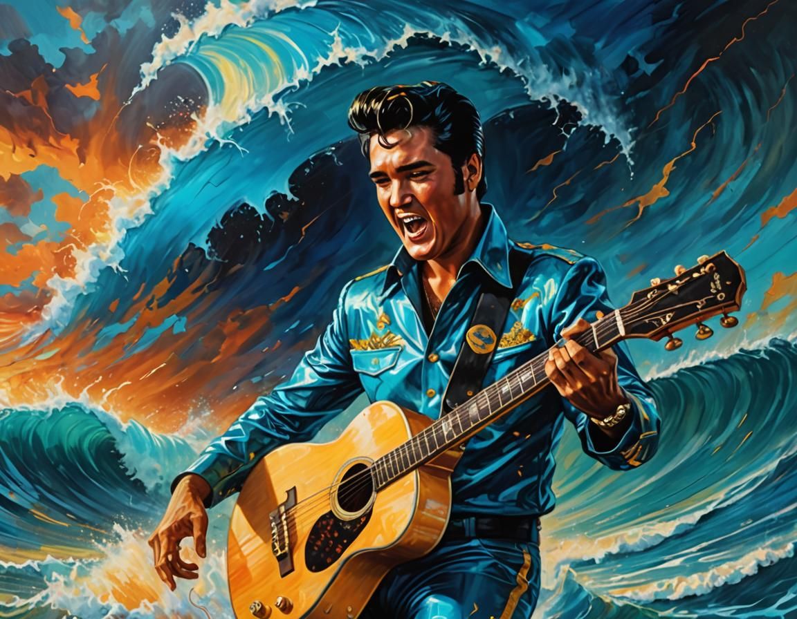 Elvis Surfing Tsunami in Surrealist Art