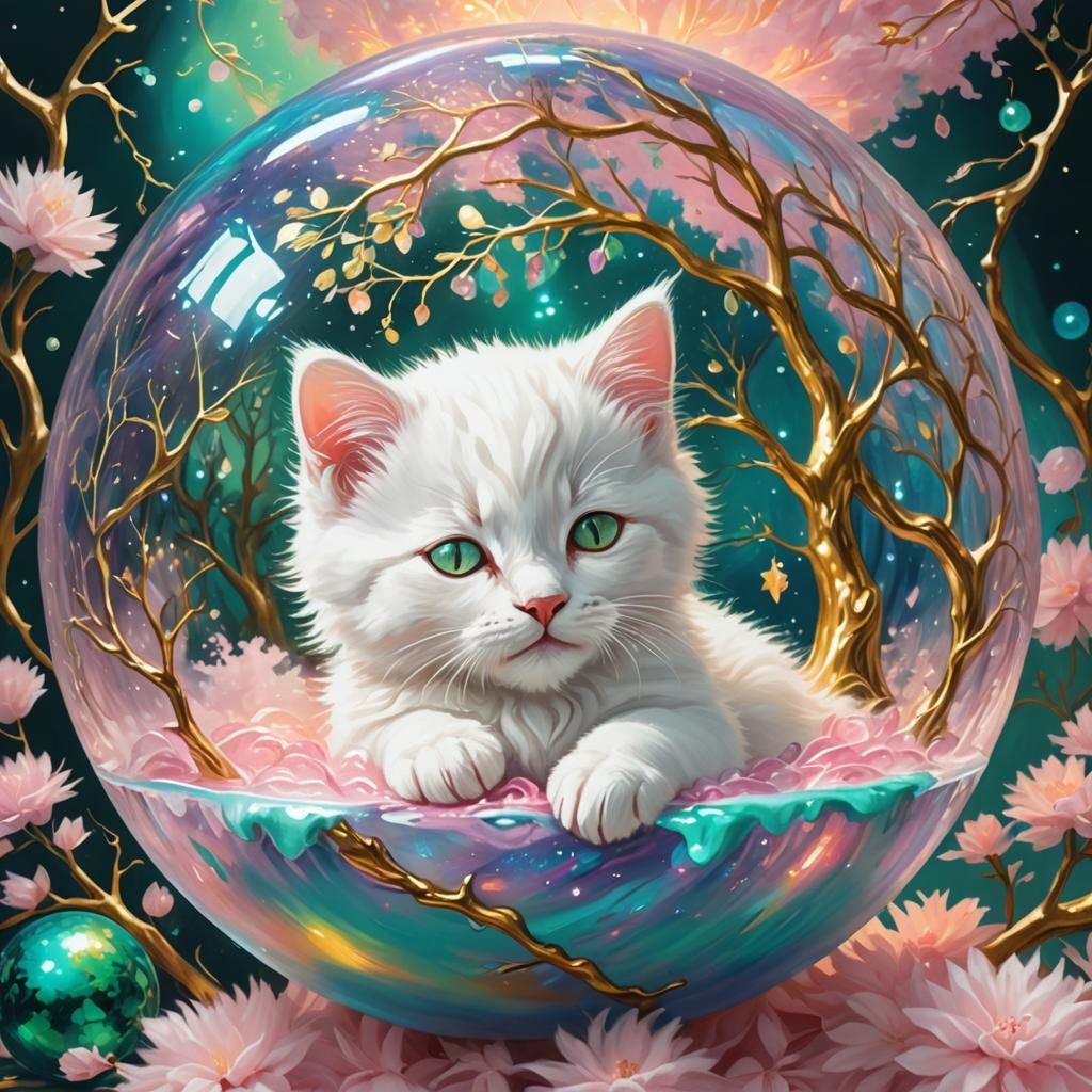 Kitten in Iridescent Globe with Golden Tree of Life