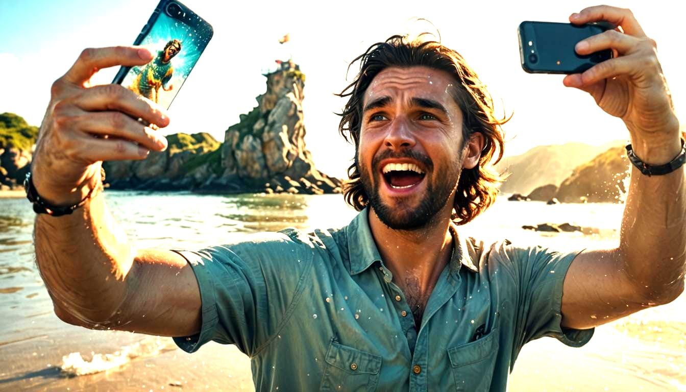 Man's Beach Selfie with Captured Merman
