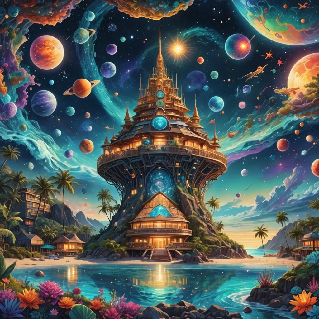 Oceanfront Hotel in Astral Cosmic Illustration Style
