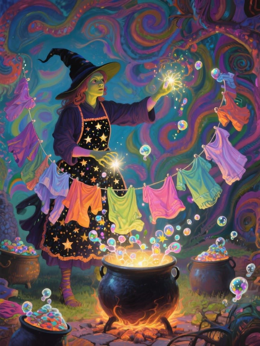 Whimsical Witch Cleans Laundry With Magic