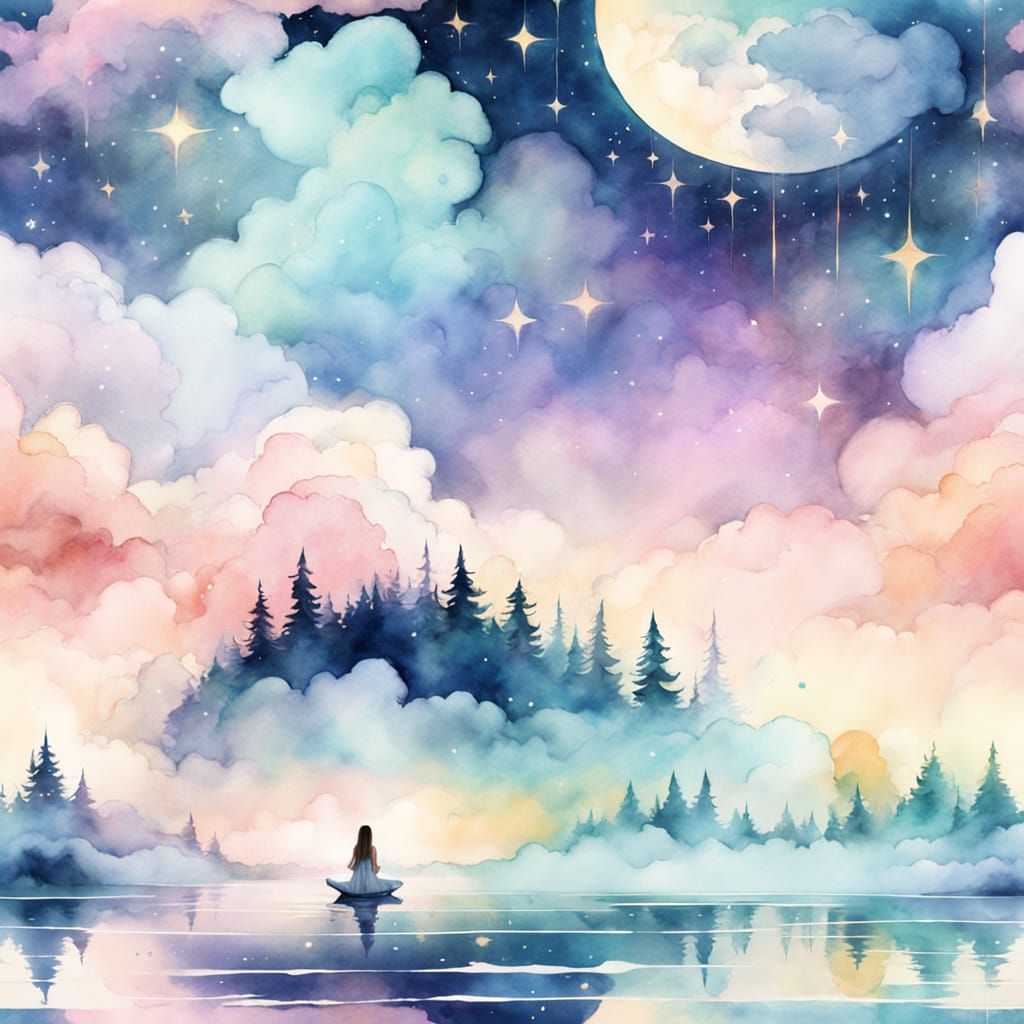 Whimsical Lunar Portrait in Ethereal Watercolor Style