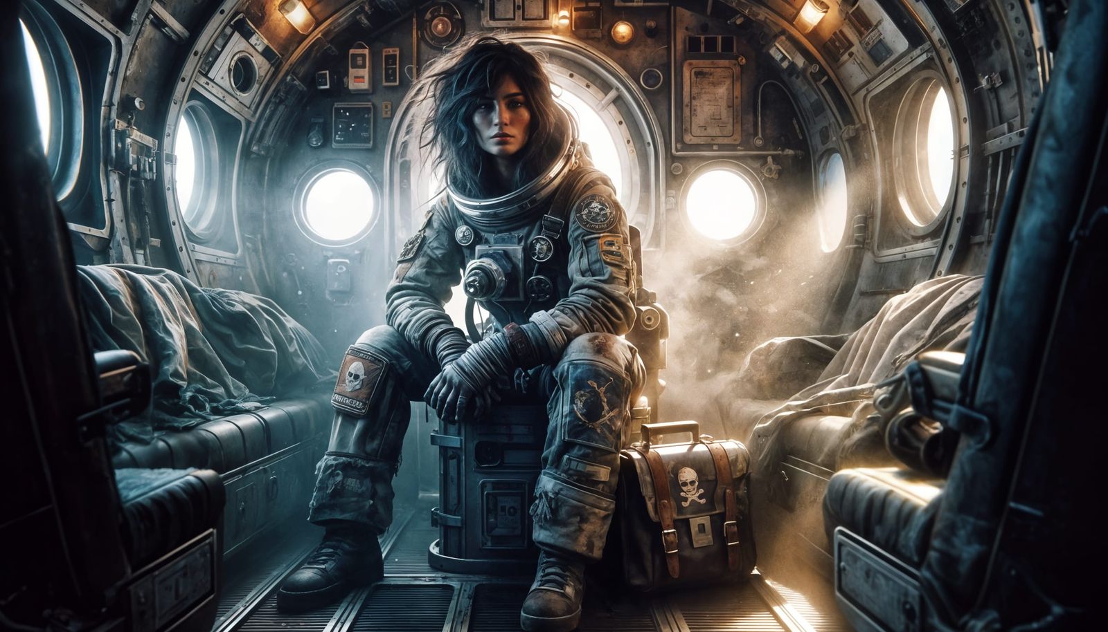 Surreal Female Cosmonaut in a Shabby Spacesuit in a Space Ca...
