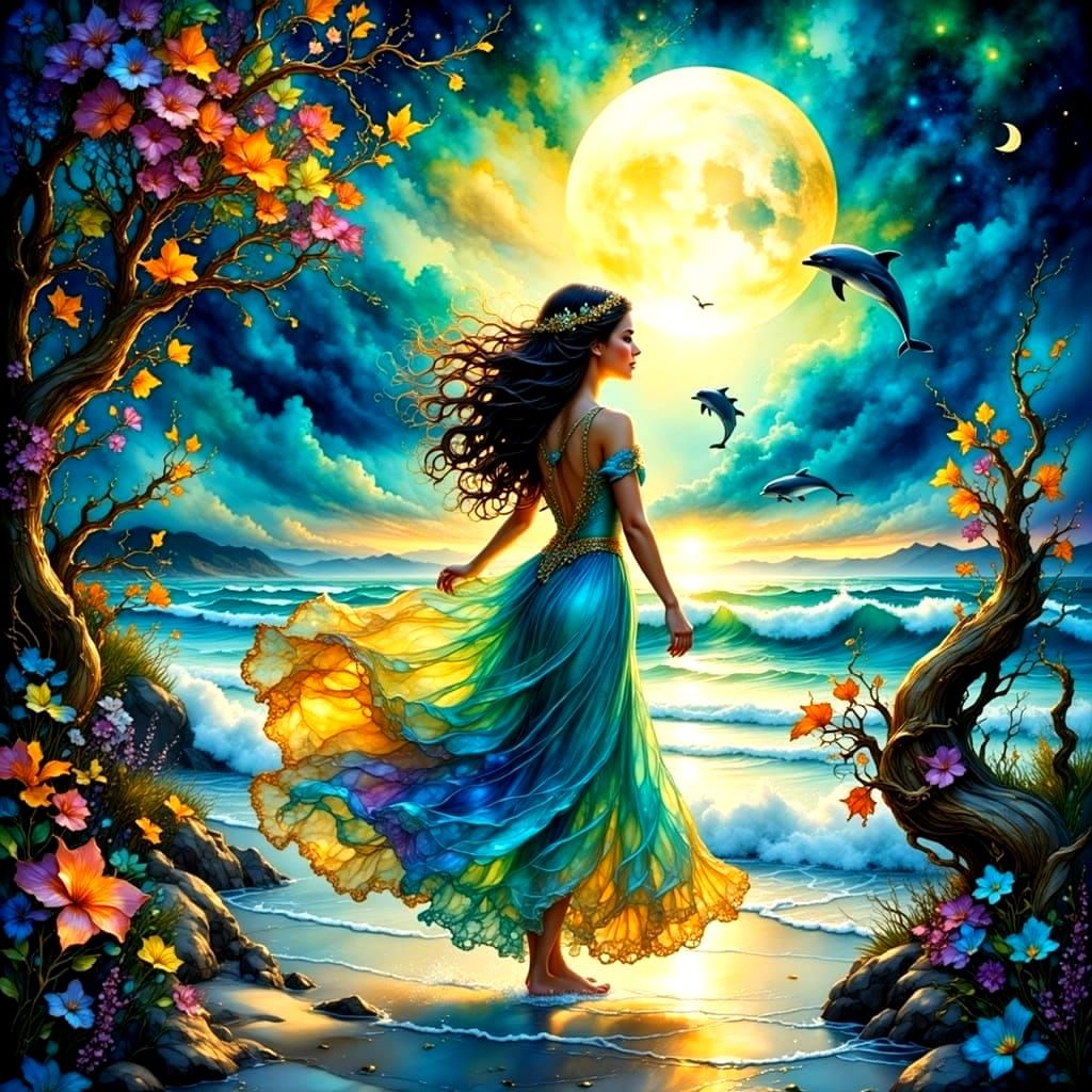 Ethereal Maidens Stroll along a Wintery Beach under Moonlit ...