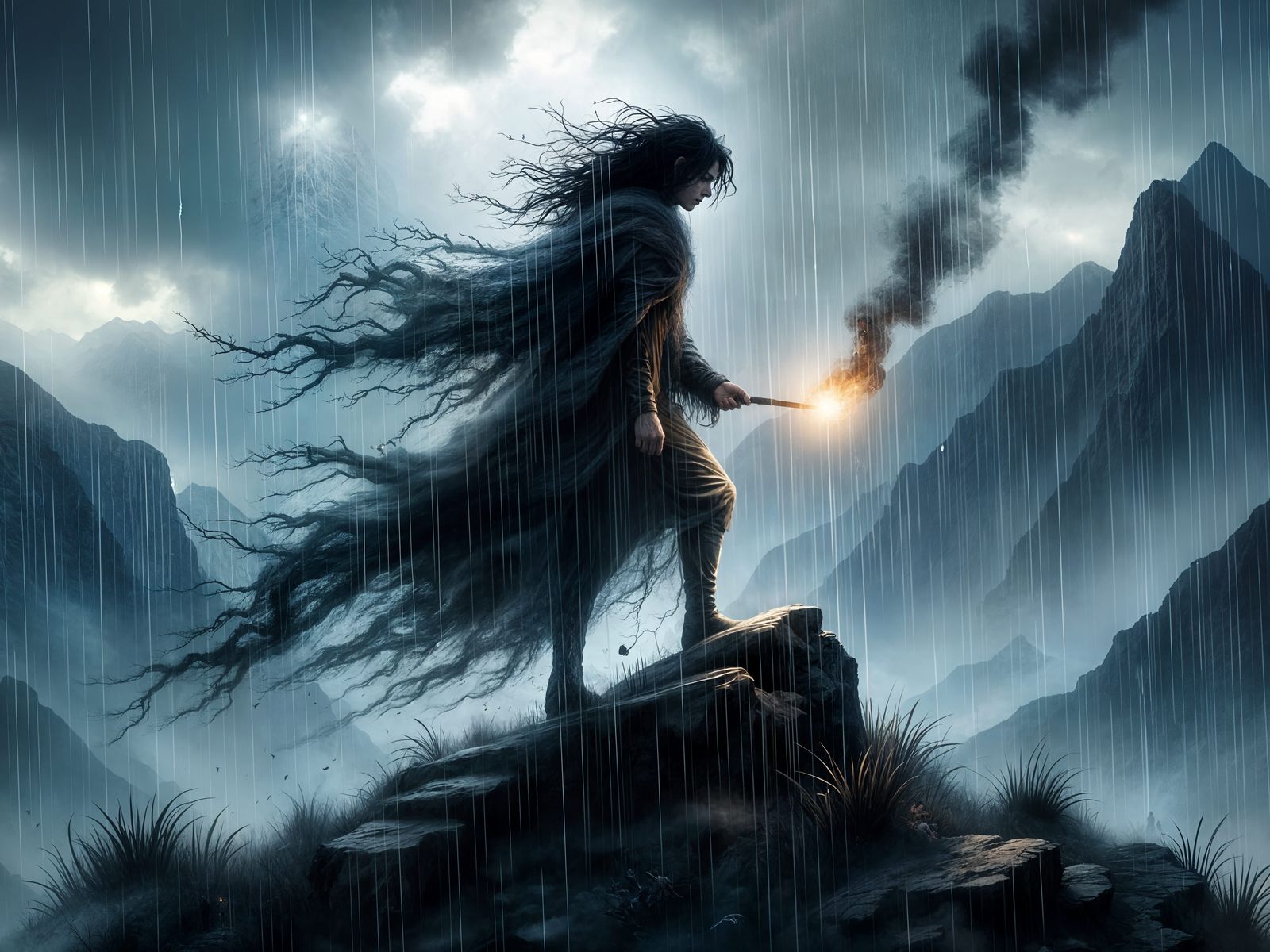 Fantasy Man with Torch in Stormy Landscape