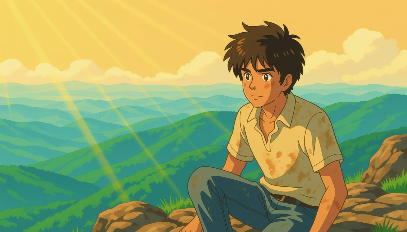 Triumphant Indian Boy Reaches Rocky Summit in Golden Sky