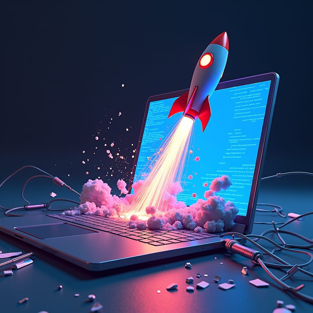Laptop Launches Rocket: Futuristic Digital Art