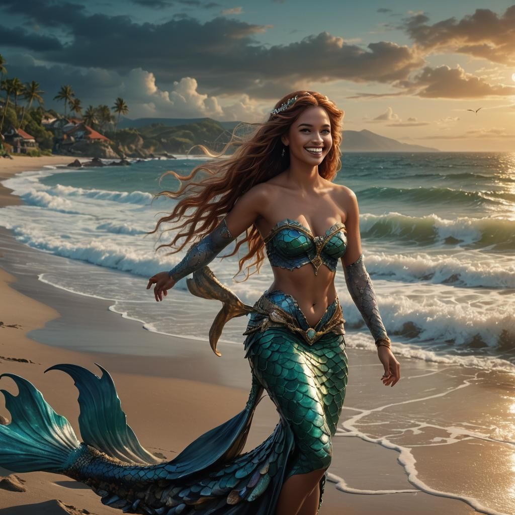 Smiling Mermaid on Beach: Maximalist Digital Matte Painting