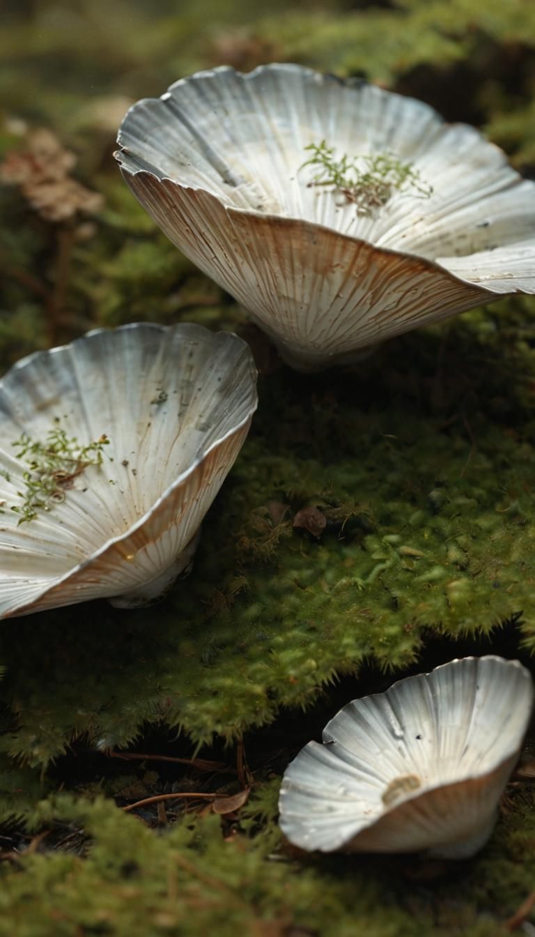 Glowing Clam Shells on Forest Floor, Hyper-realistic Macro