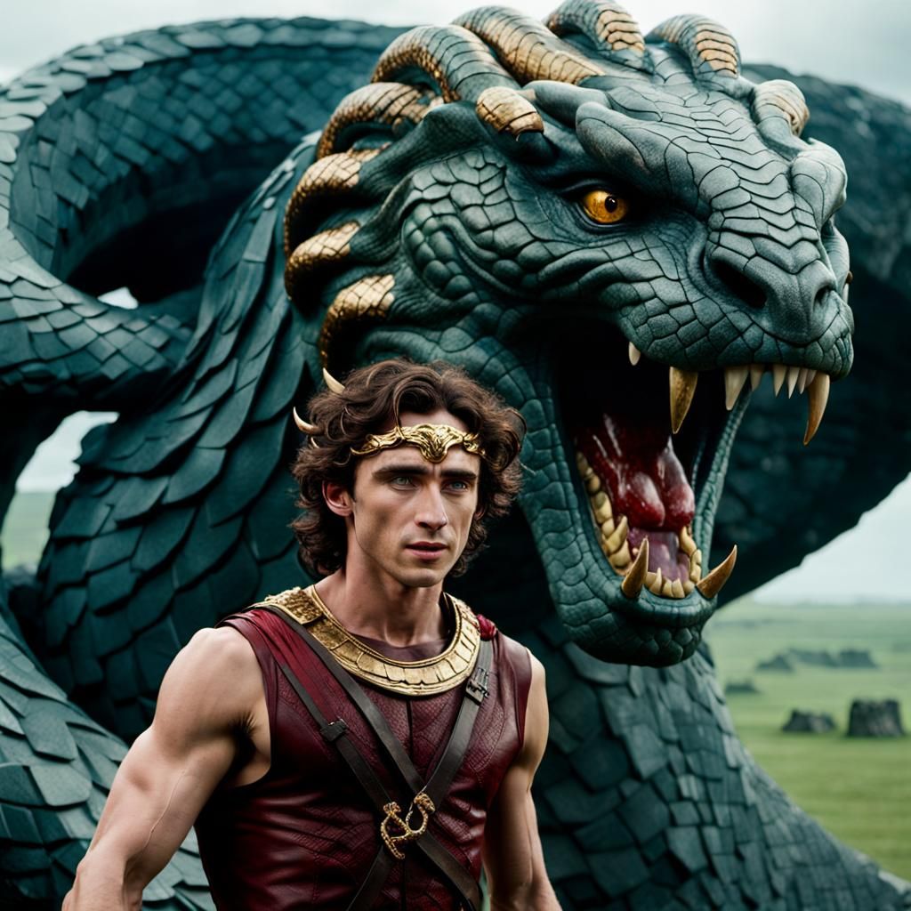 Medusa Battles Snake at Stonehenge in Crimson and Gold