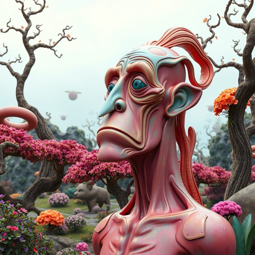 Surreal Sculpture of Elongated Man in Vibrant Dreamlike Coun...