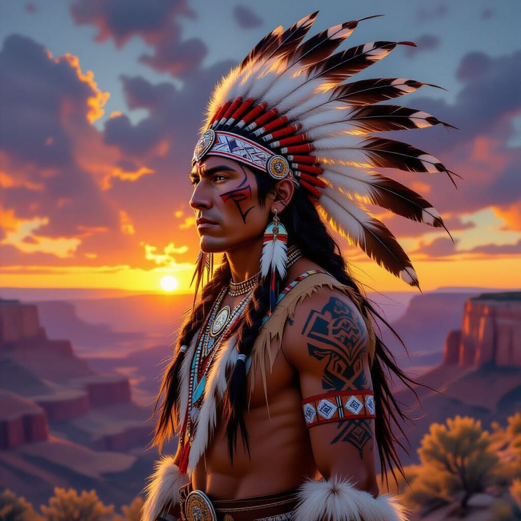 Native American Warrior Portrait in Impressionist Gouache St...