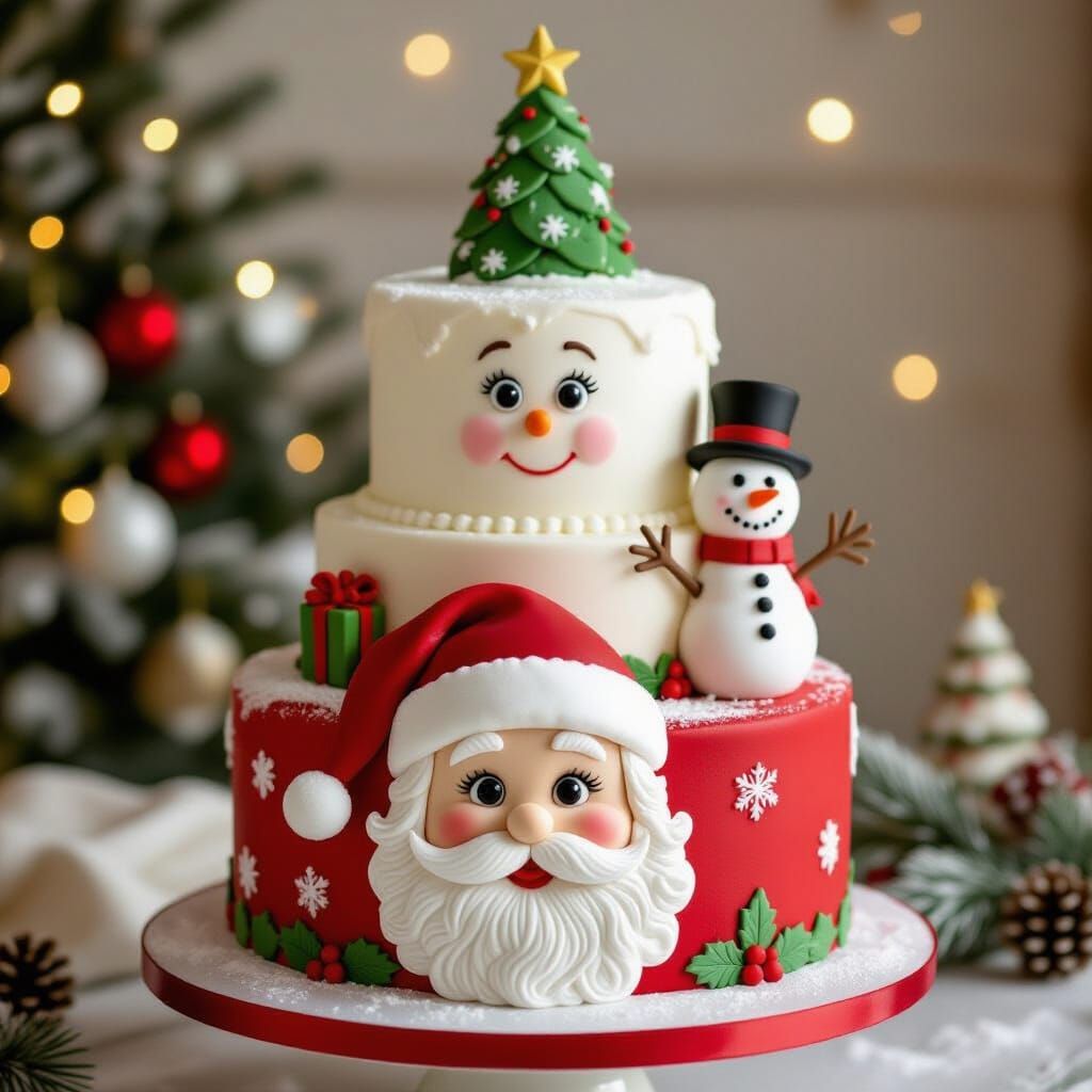 Whimsical Christmas Cake with Santa, Rudolph, and Snowman