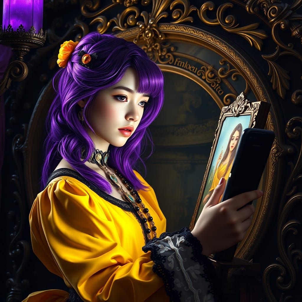 Victorian Steampunk Art Girl Paints Selfie in Dark Fantasy