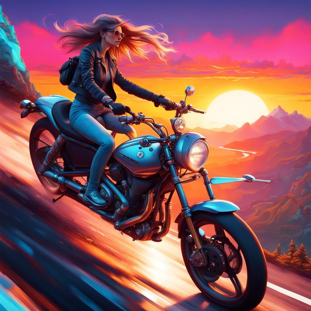 Woman Biker on Cafe Racer at Sunset: Detailed Matte Painting