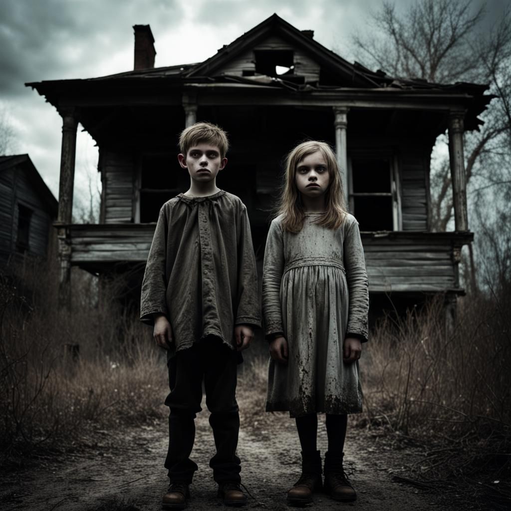 Eerie Scene: Witch Awaits Children Near Derelict House