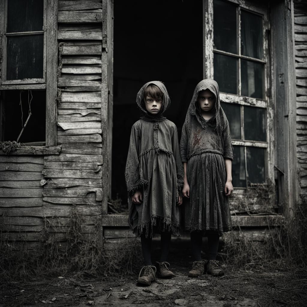 Eerie Witch Scene with Children in Derelict House