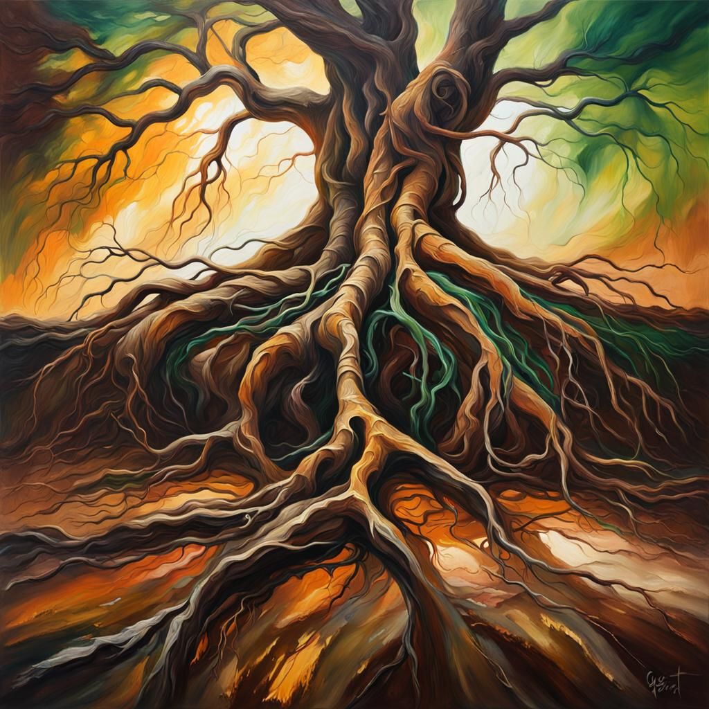 Roots Bursting from Ground in Oil Painting