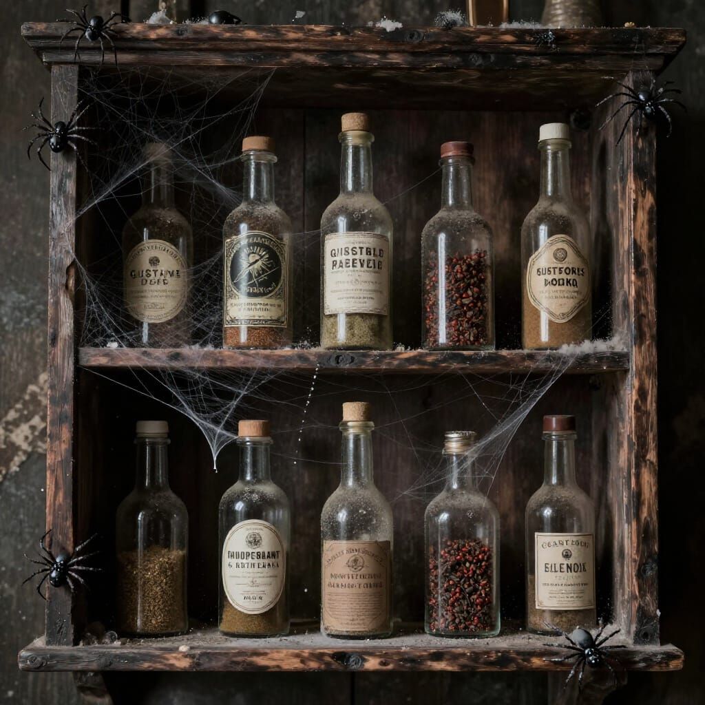 Spooky Spice Rack with Cobwebs and Old Bottles