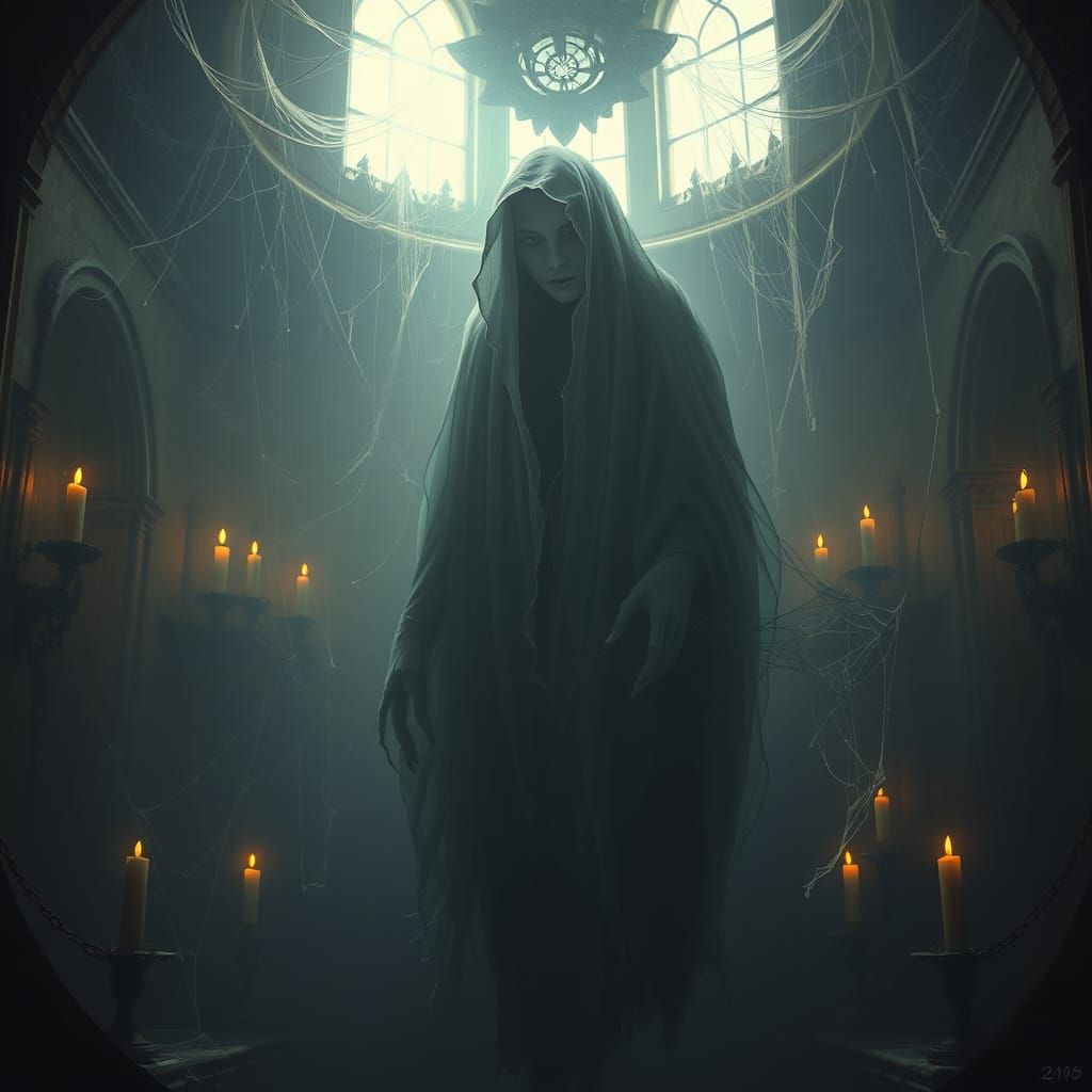 Ethereal Ghost Lurks in Abandoned Mansion's Shadows