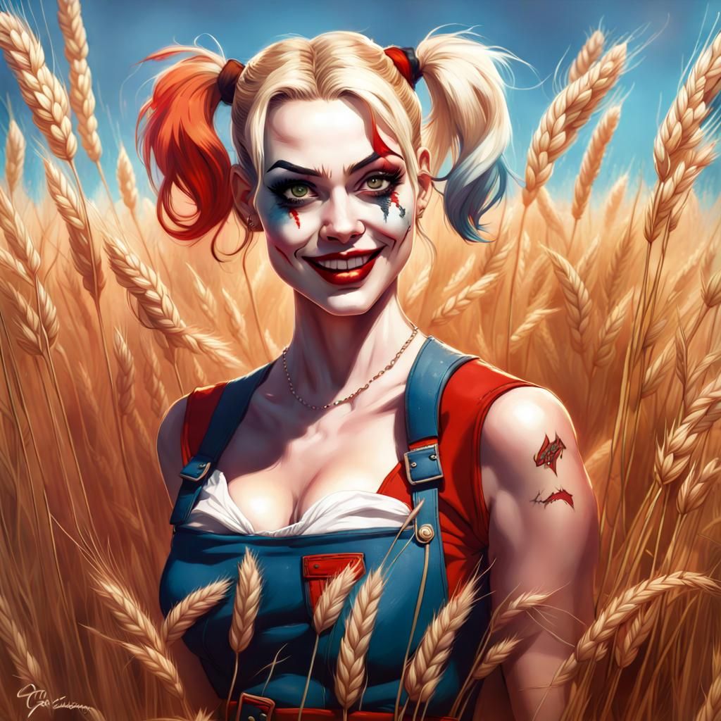 Harley Quinn in Barley Field, Digital Pin-Up Art