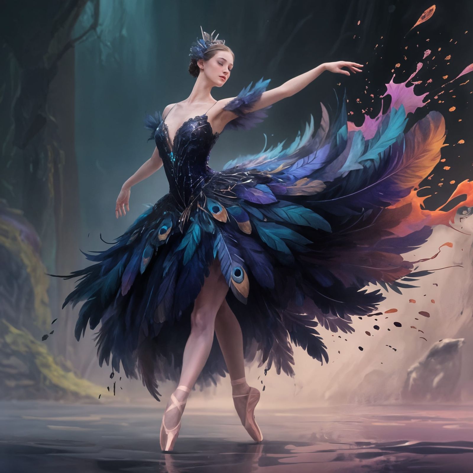 Balerina in Feathered Dress: Detailed Matte Painting