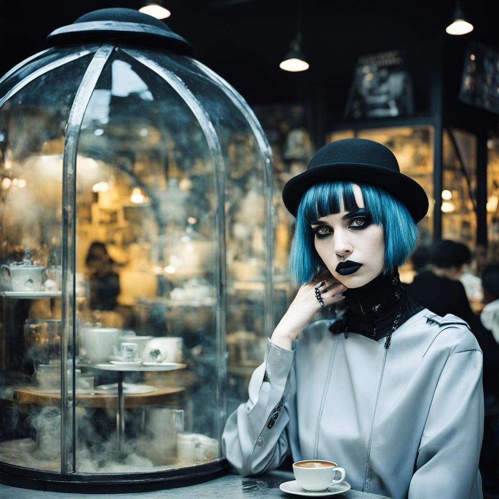 Goth Model in Dystopian Coffee Shop Scene