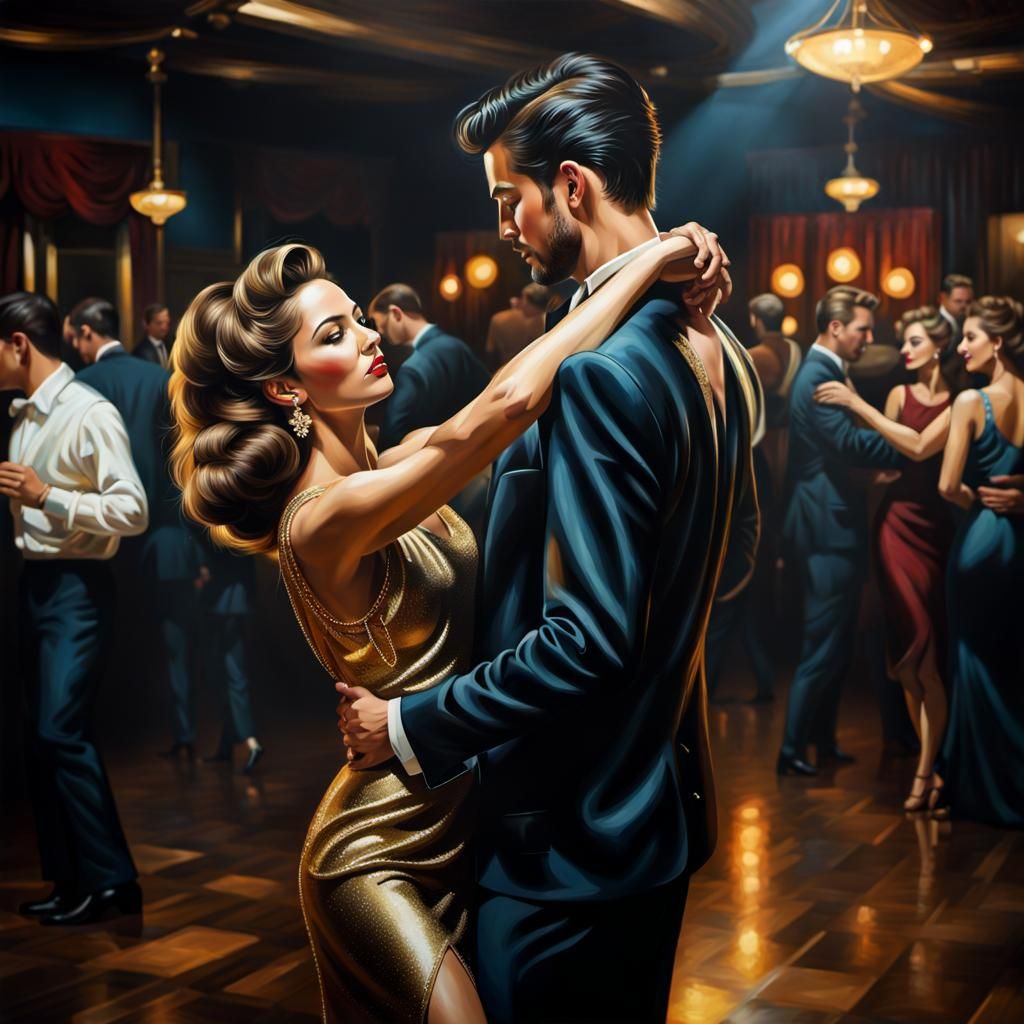 Romantic Dance in a 1960s Club, Oil Painting