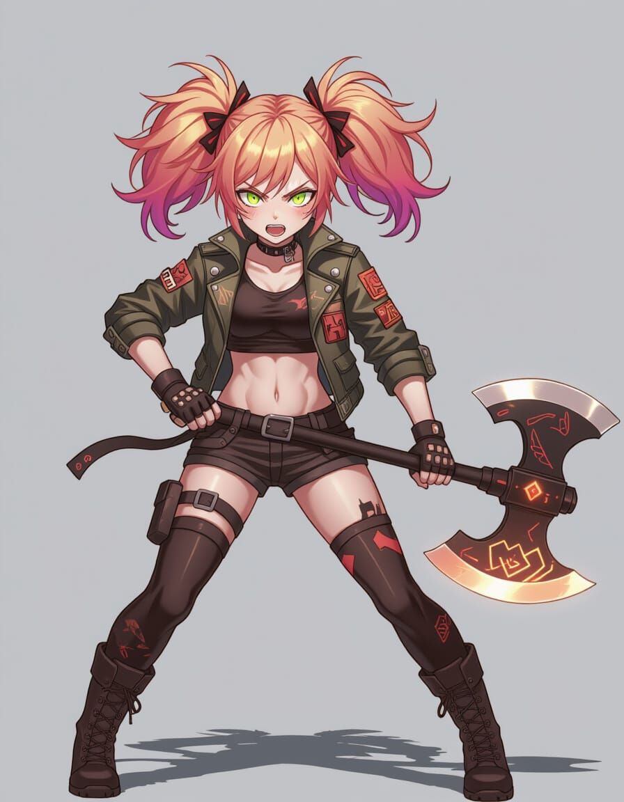 Fierce Anime Girl with Glowing Axe on Rooftop