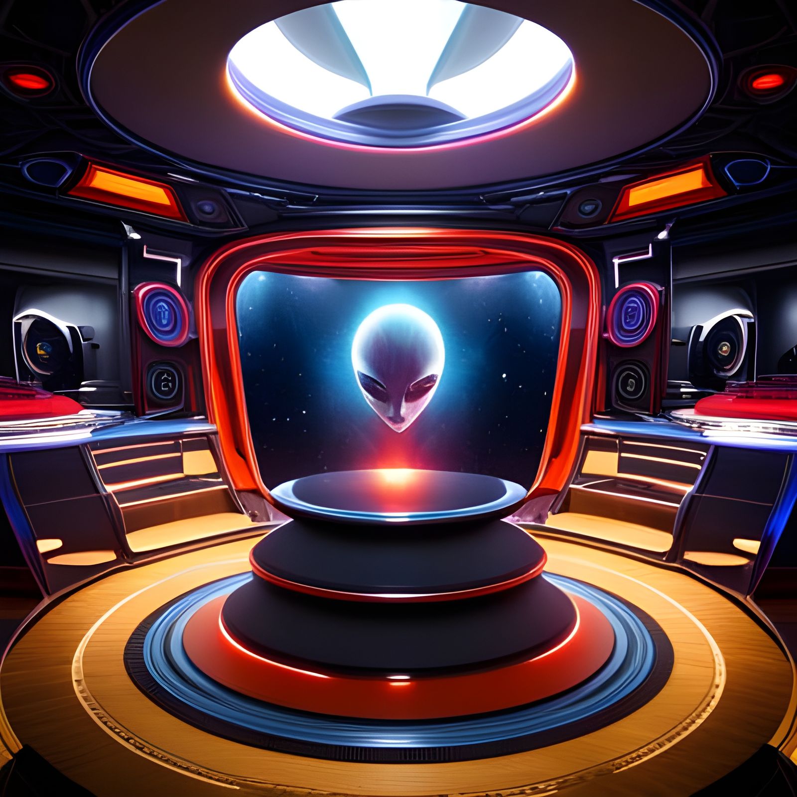 UFO Interior with Alien Hologram in Sci-Fi Style