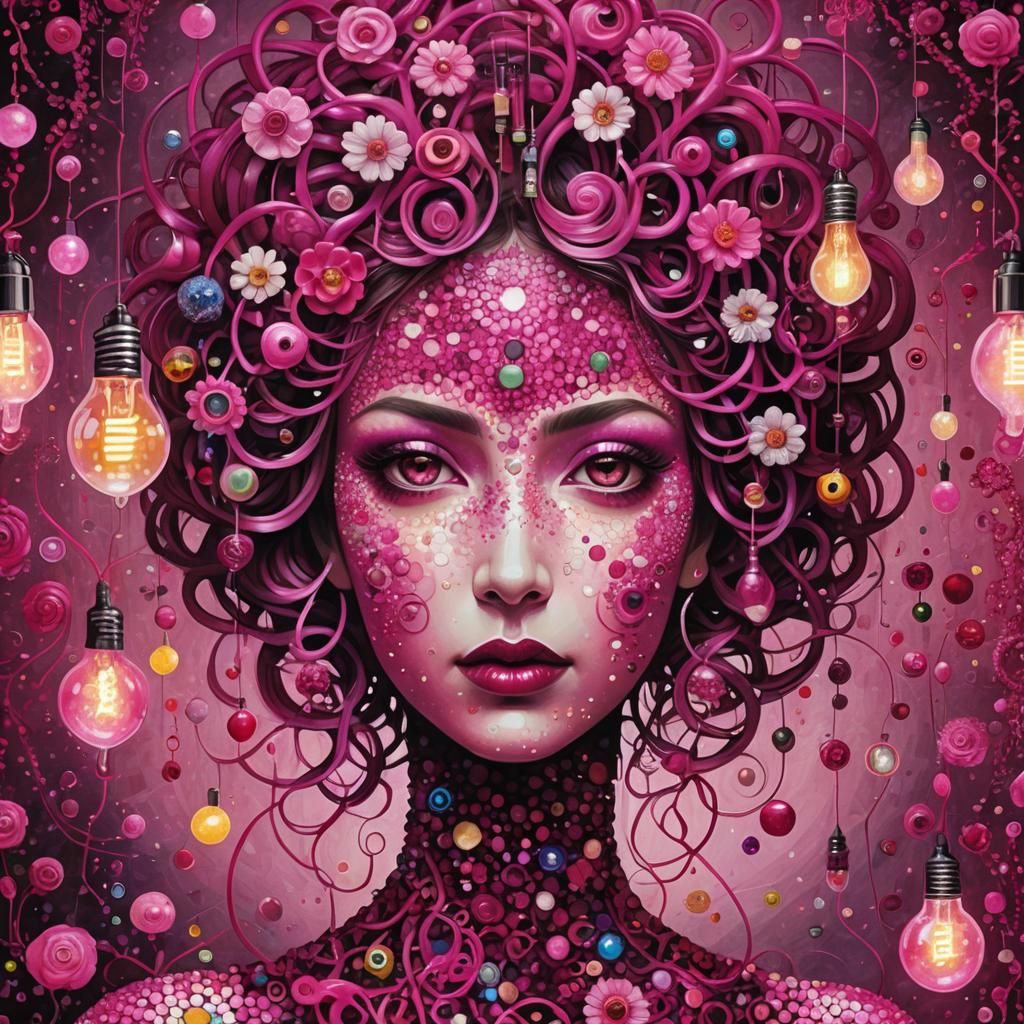 Fuchsia Lightbulb Woman in Gustav Klimt Style