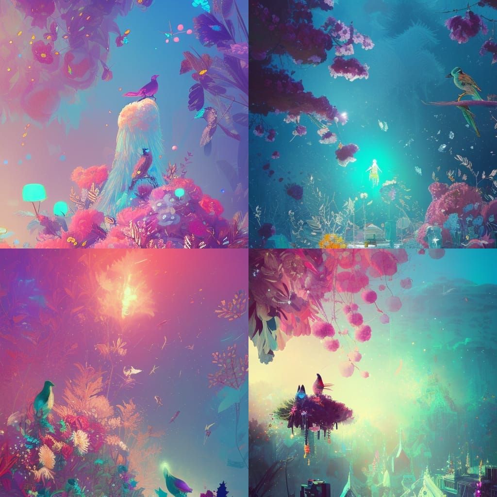 Luminous Birds Amidst Crystalline Flora: Digital Illustratio...