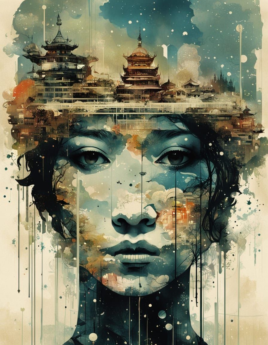 Galaxy Princess Head Silhouette Amidst Dripping Worlds