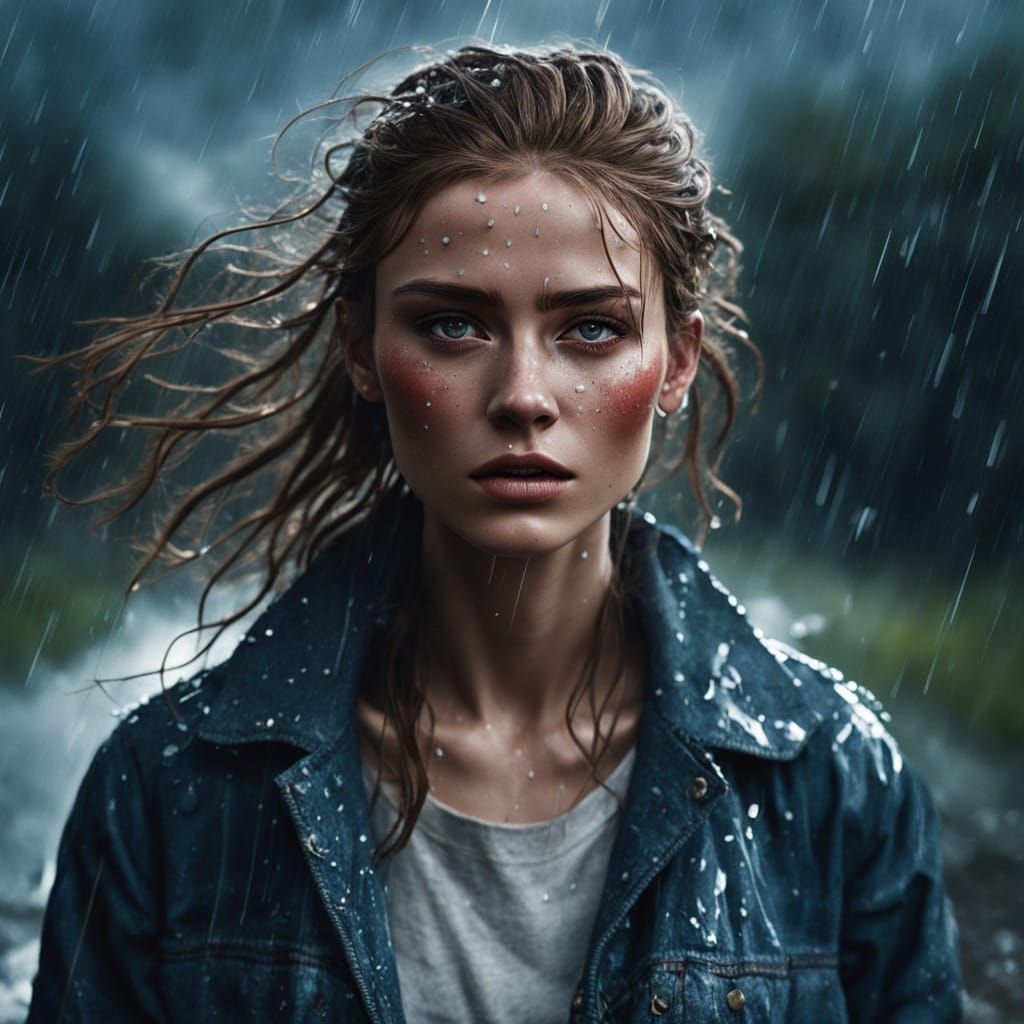 Slavic Teenager in Rainy Storm, Chic Attire, Impressionist B...