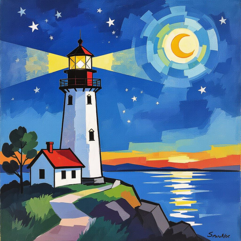Vibrant Watercolor Lighthouse Under Starry Sky