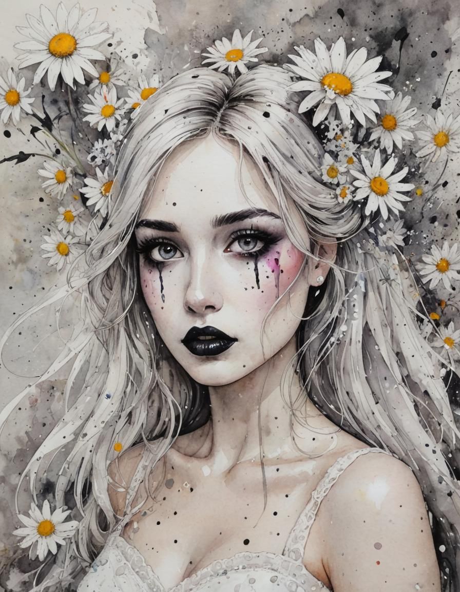 Goth Bride with Daisies as Watercolor Storybook Art