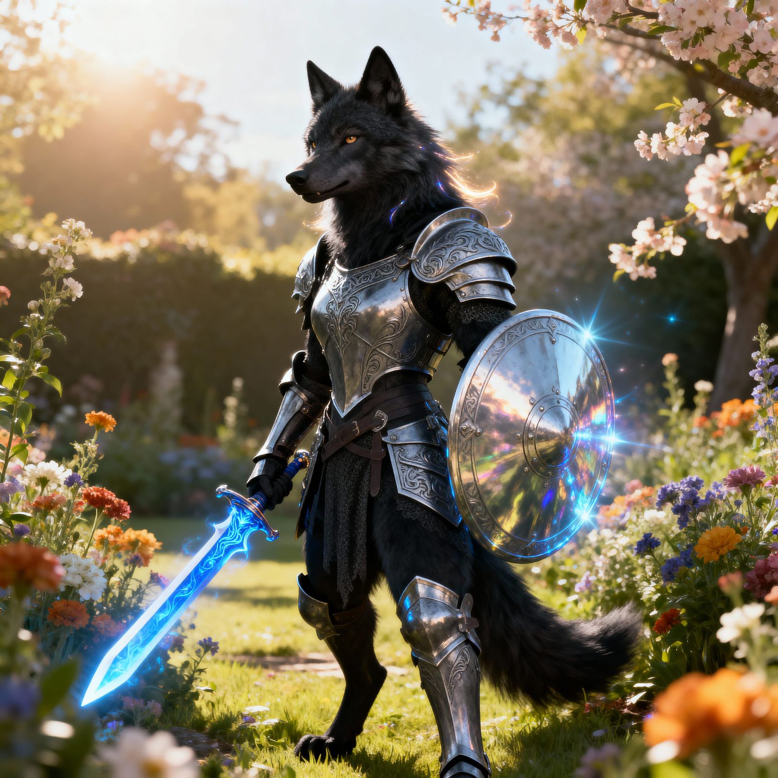 Wolf Warrior in Sunlit Flower Garden