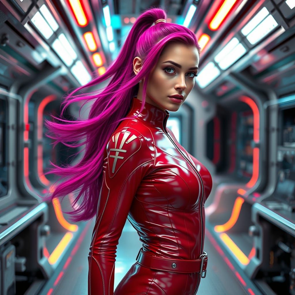 Futuristic Fashion: Woman in Red Spacesuit with Magenta Hair
