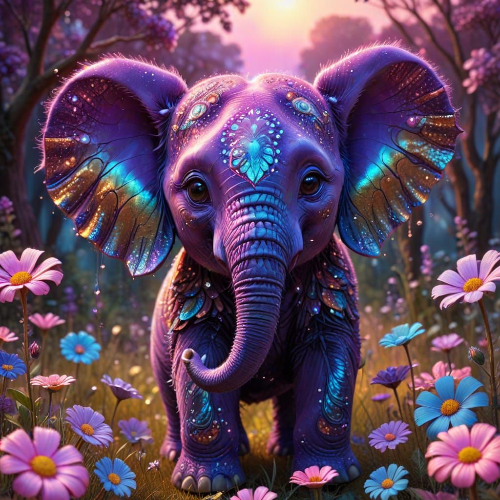 Psychedelic Chibi Elephant in Candyland Meadow