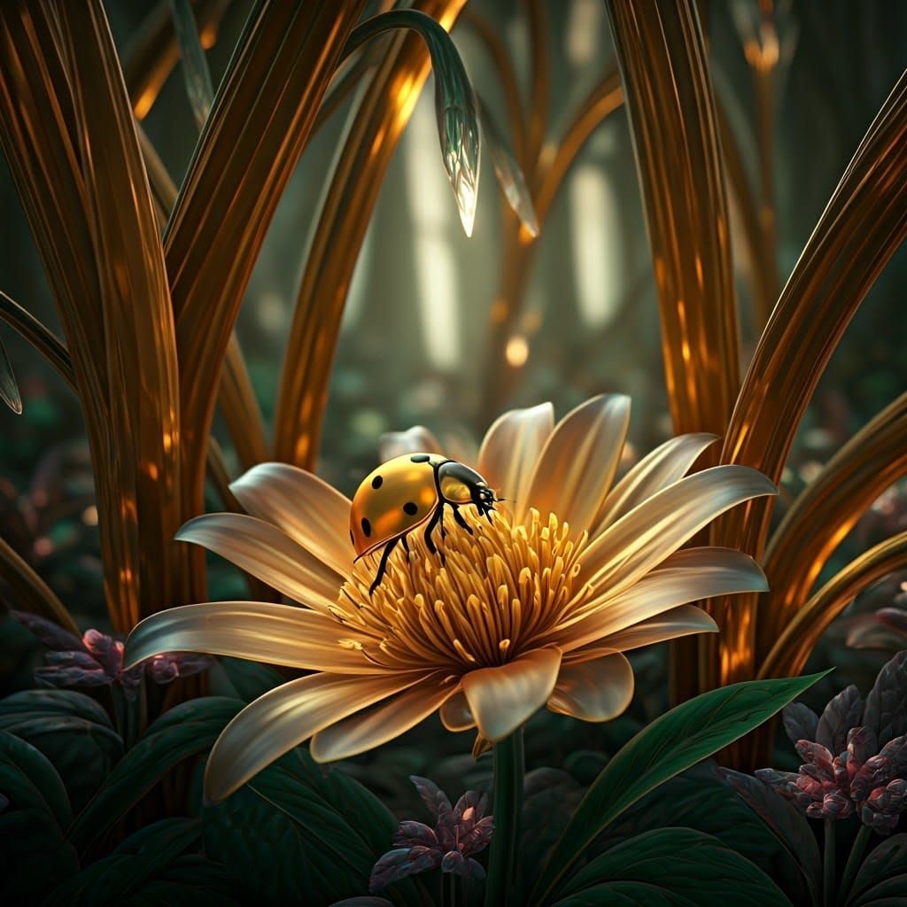 Golden Ladybug in Mystical Forest, Fantasy Art