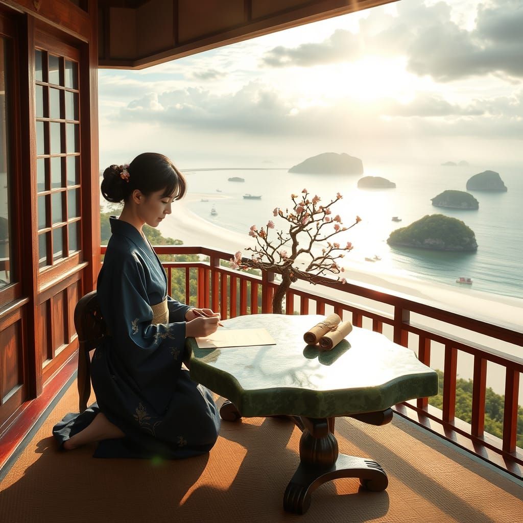 Serene Japanese Woman Practices Shodo Calligraphy in a Tradi...