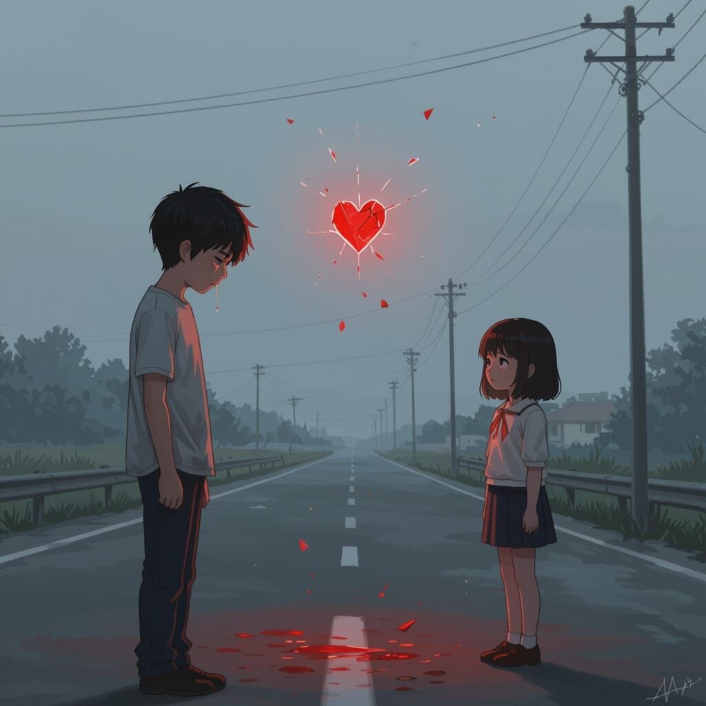 Melancholic Boy on Roadside in Hyper-Realistic Style