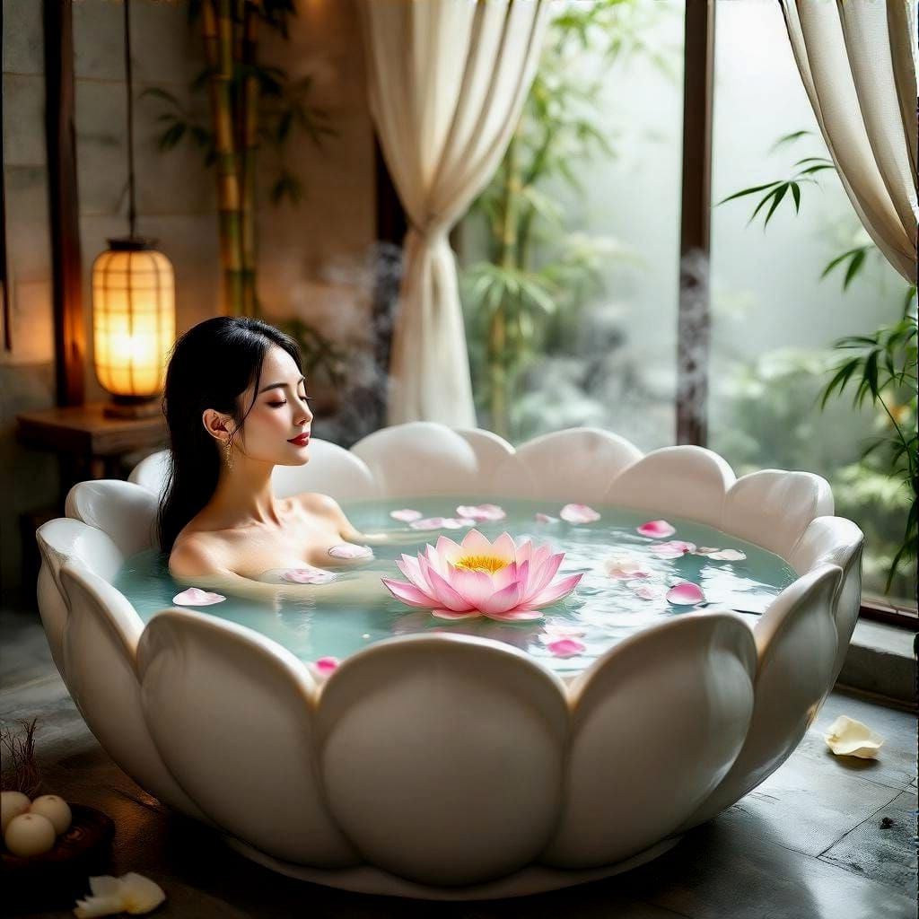 Elegant Lotus Flower Tub Scene in a Tranquil Asian Bath