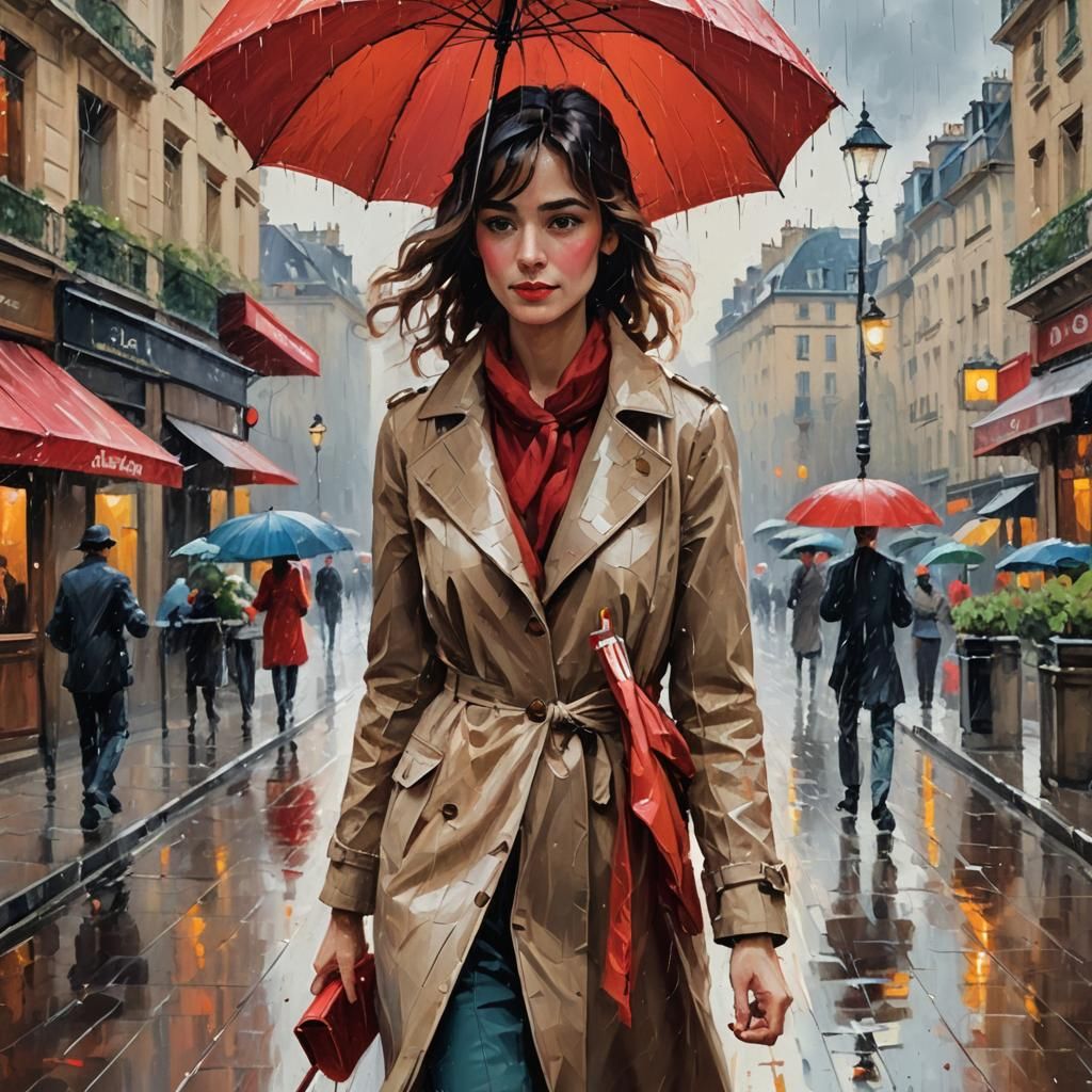 Parisian Woman with Red Umbrella as Oil Painting