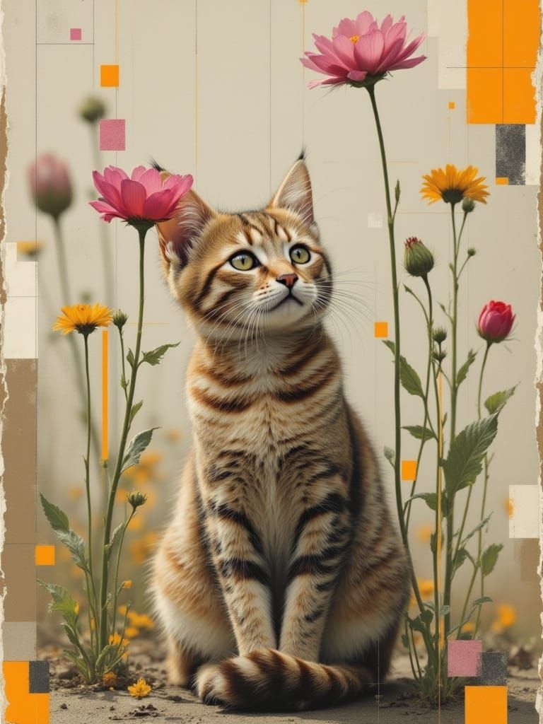Adorable Cat Under Tall Flower with Flickering Light