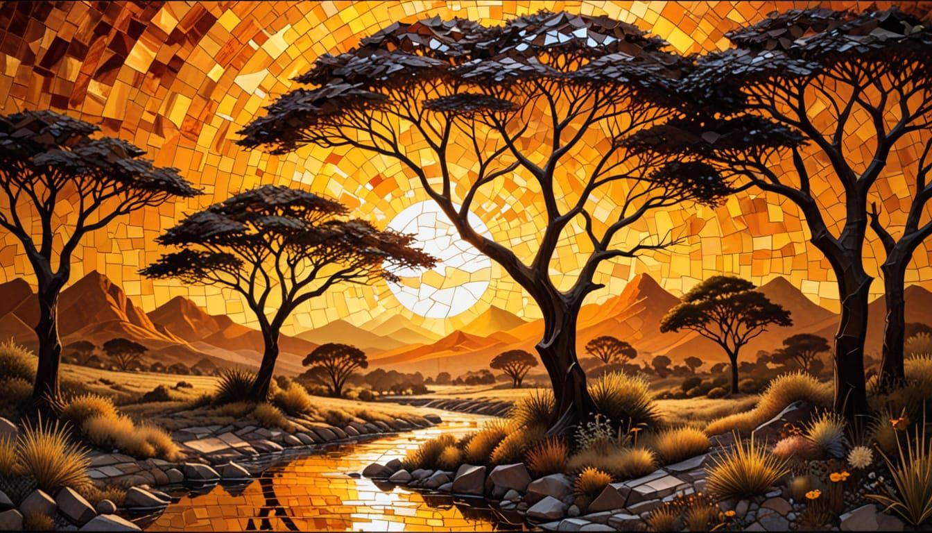 African Landscape in Amber Glass Mosaic