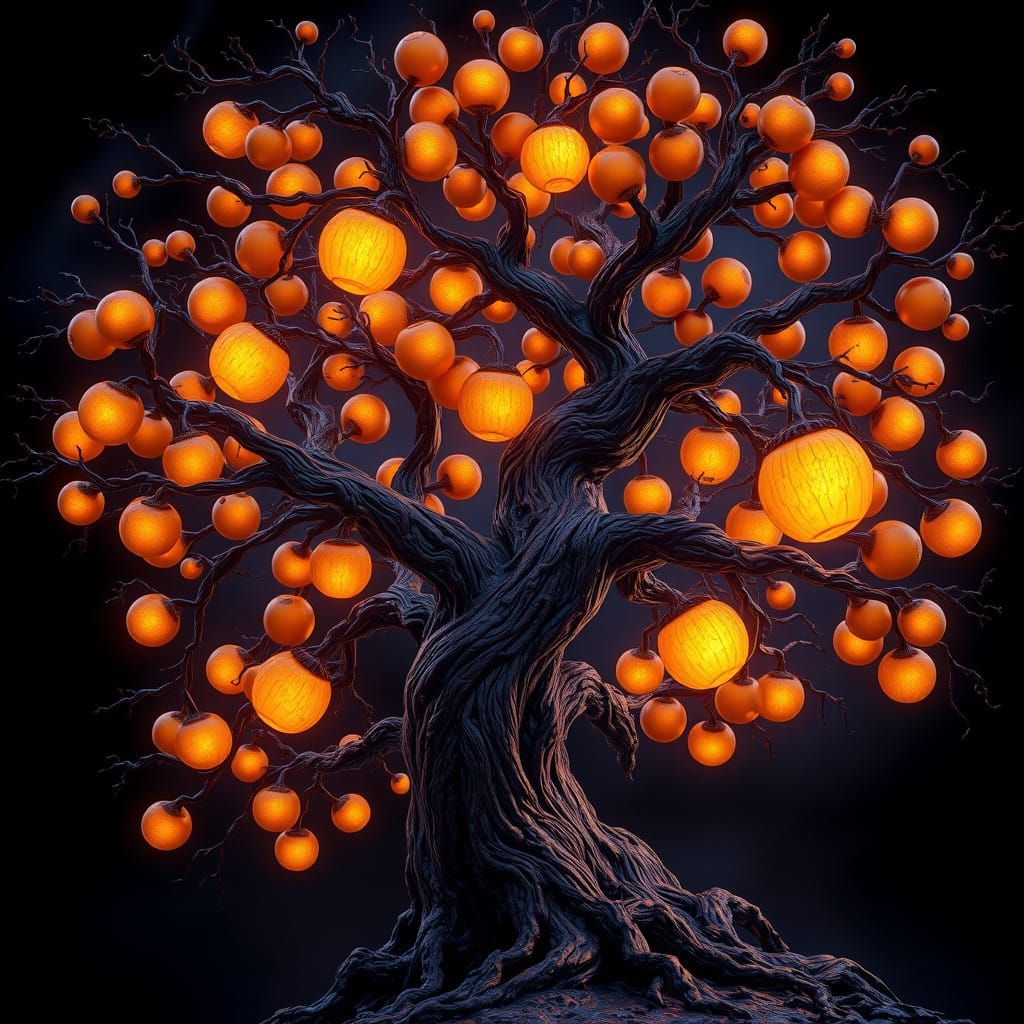 Majestic, Gnarled Tree Bears Glowing Fruit in a Fantasy Worl...
