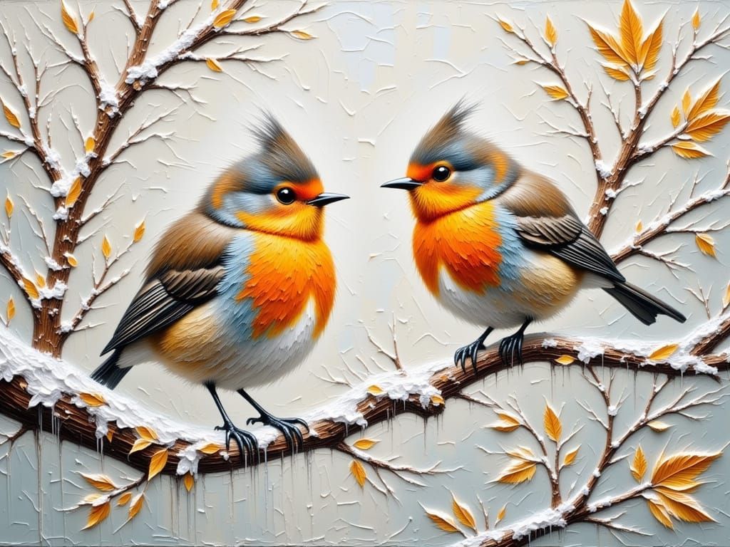 Robins on Frosty Branches in Impressionist Impasto Style