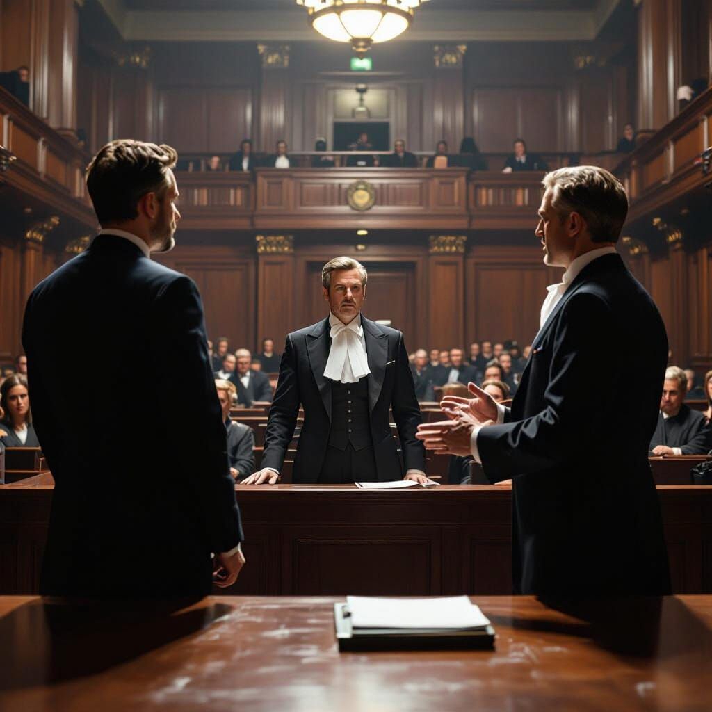 Dramatic Courtroom Scene in a Futuristic Style